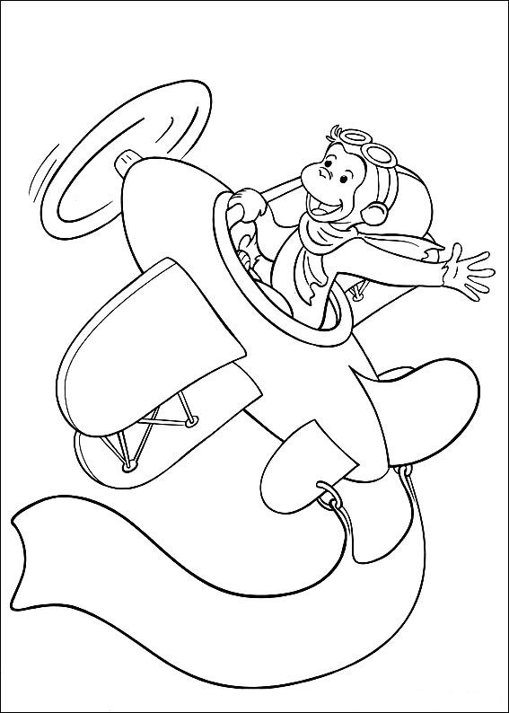 Print Curious George als piloot kleurplaat